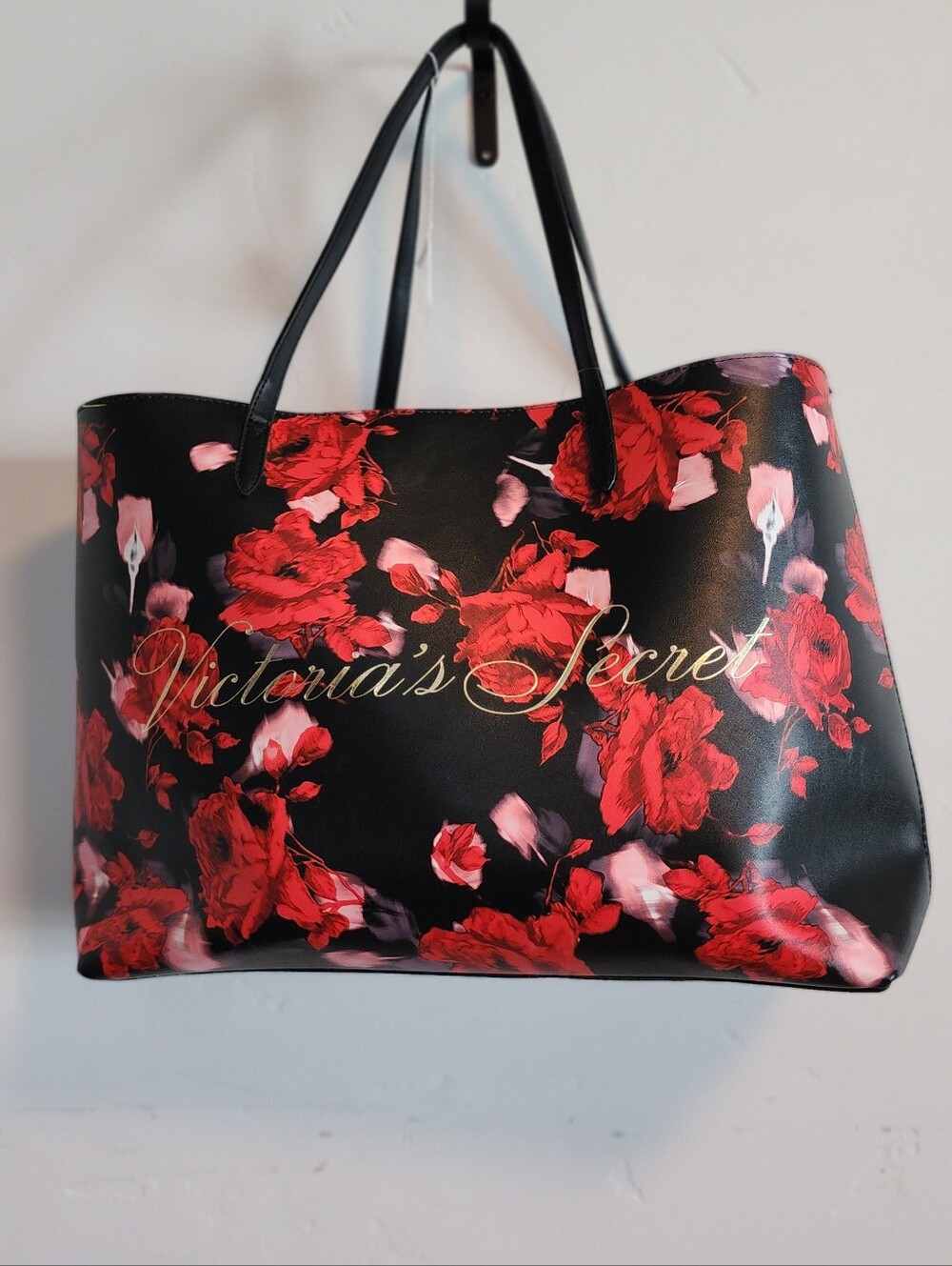 Victoria's Secret Black Tote with Red Floral Design and Gold Logo